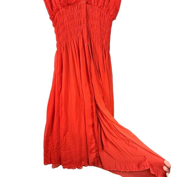 Zara Cherry Red Chiffon Blouson Midi Dress SIZE SMALL Button Front Deep V Retro - Picture 4 of 10